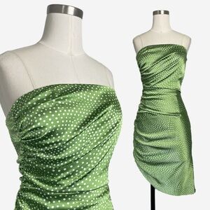 Vintage Jessica McClintock green polka dot strapless ruched asymmetric dress XS